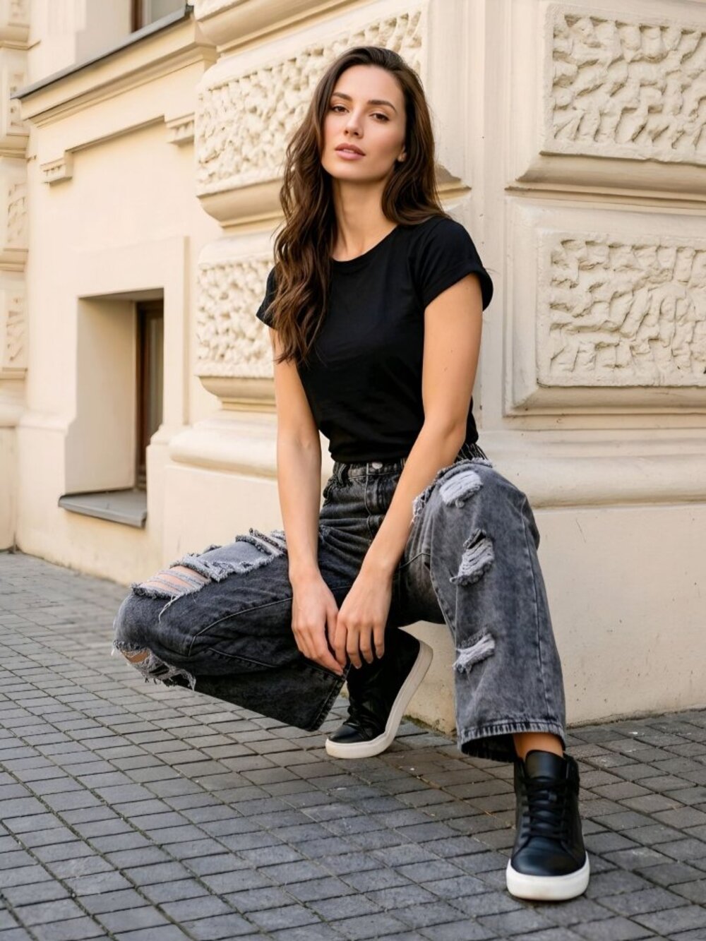 Vinta ✦ Wide-Leg Jeans ✦ Black Distressed High-Waist Loose Fit Full Length NWT